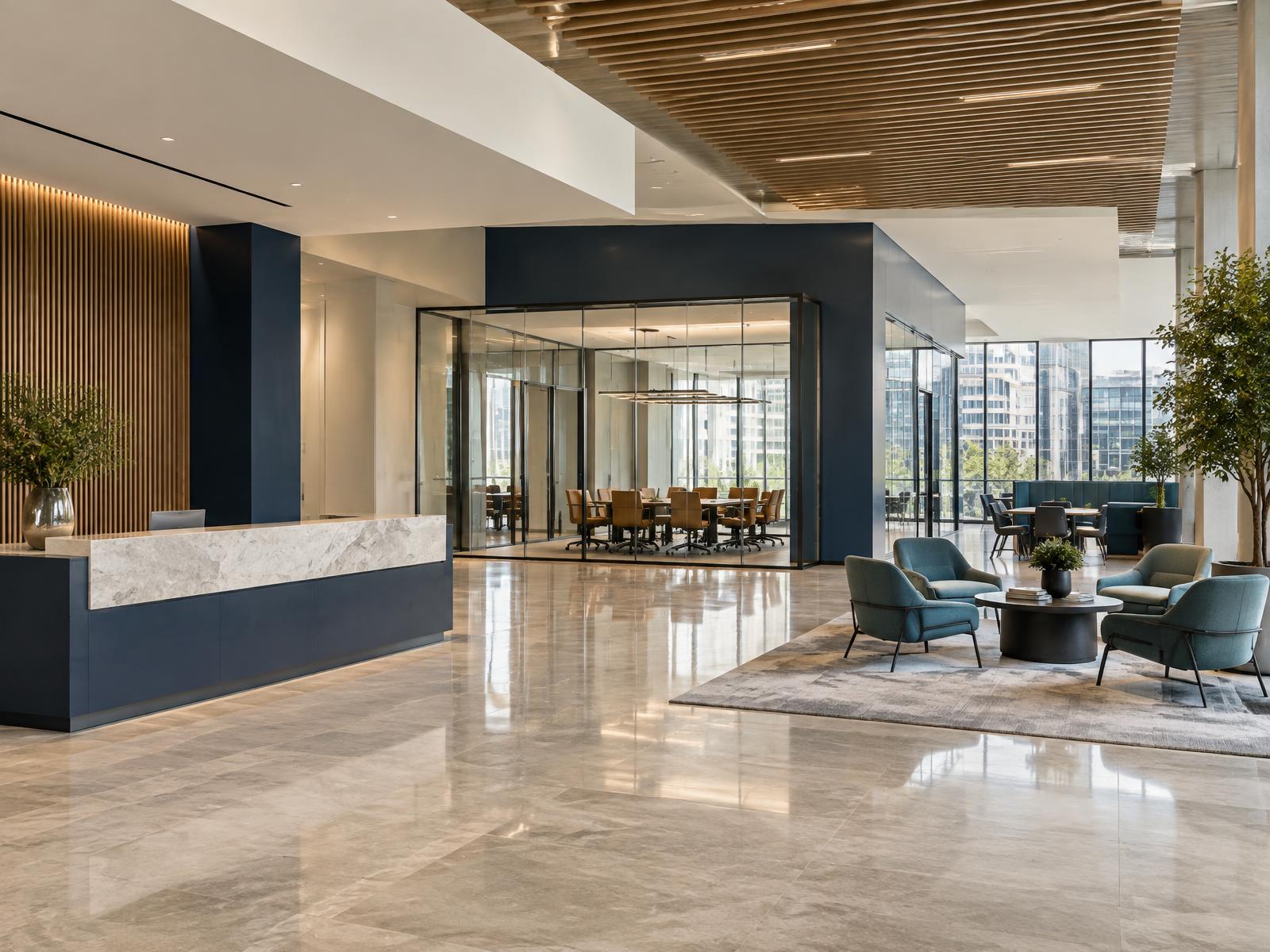 Immaculate modern commercial office lobby with glass meeting rooms