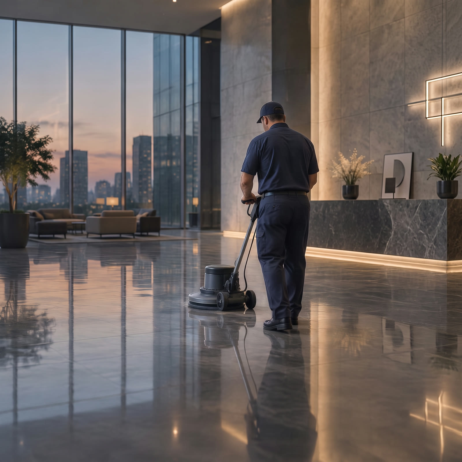 Professional commercial cleaning worker polishing the floor of a modern office lobby with a floor buffer machine